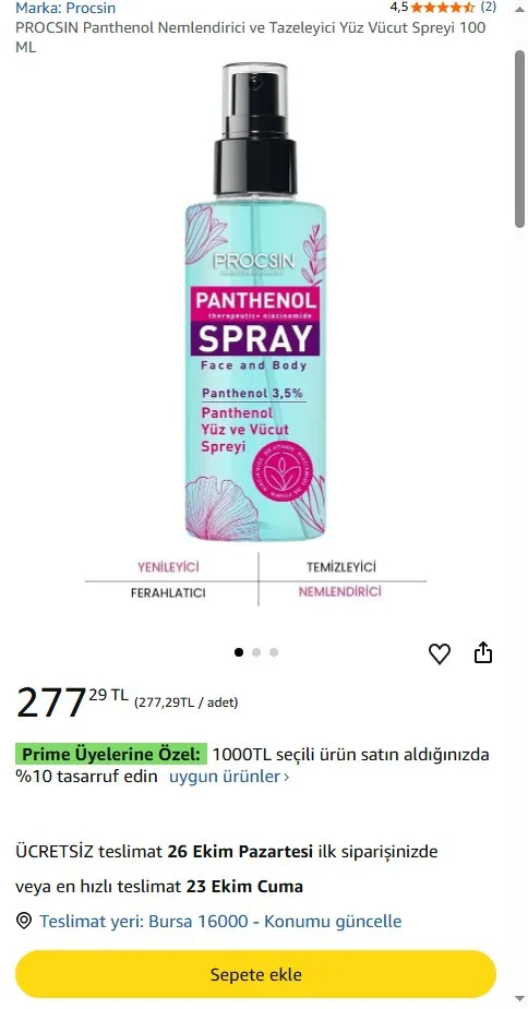 PROCSIN Panthenol Nemlendirici ve Tazeleyici Yüz Vücut Spreyi 100 ML