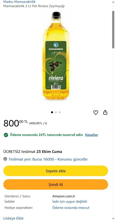 Marmarabirlik 2 Lt Pet Riviera Zeytinyağı