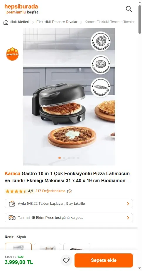 Karaca Gastro 10 in 1 Çok Fonksiyonlu Pizza Lahmacun ve Tandır Ekmeği Makinesi 31 x 40 x 19 cm Biodiamond Siyah