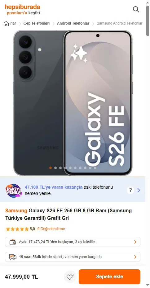 Samsung Galaxy S26 FE 256 GB 8 GB Ram (Samsung Türkiye Garantili) Grafit Gri