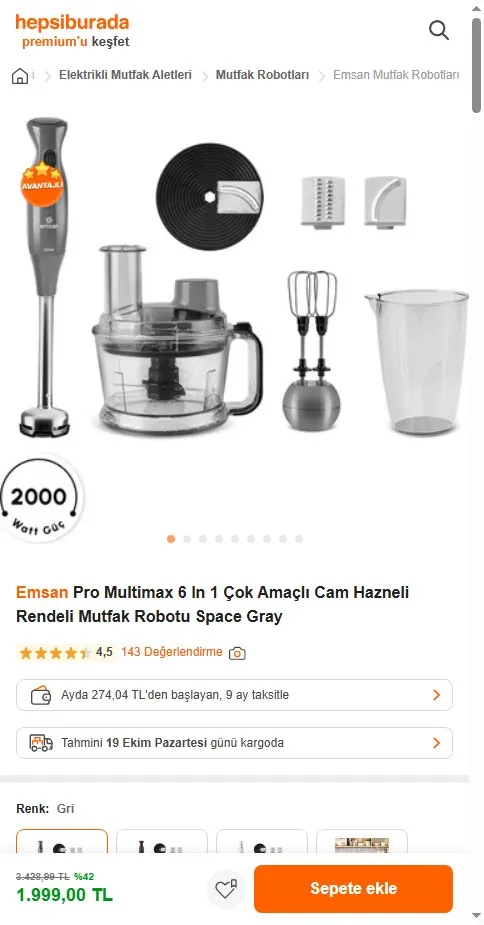 Emsan Pro Multimax 6 In 1 Çok Amaçlı Cam Hazneli Rendeli Mutfak Robotu Space Gray