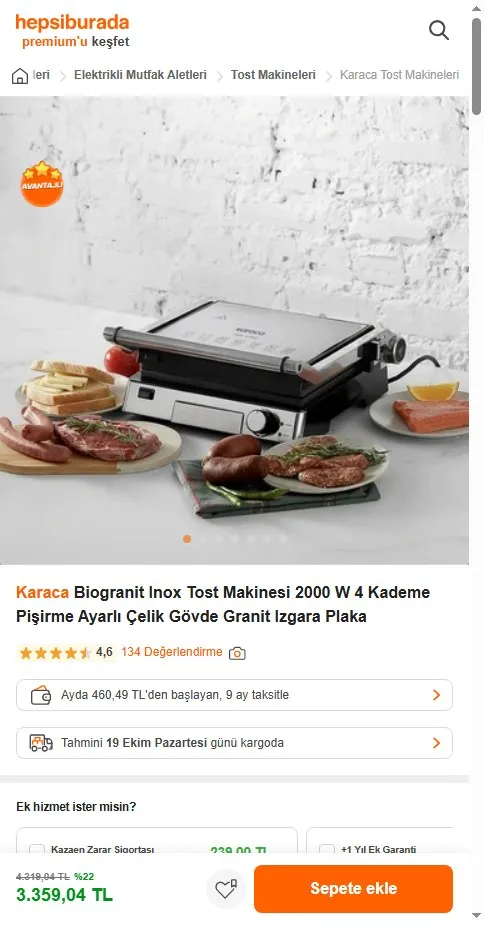 Karaca Biogranit Inox Tost Makinesi 2000 W 4 Kademe Pişirme Ayarlı Çelik Gövde Granit Izgara Plaka