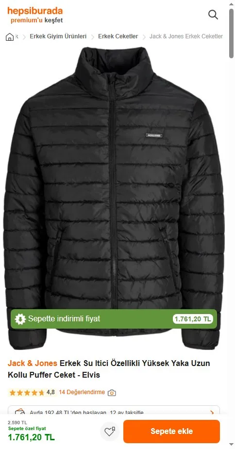 Jack & Jones Erkek Su Itici Özellikli Yüksek Yaka Uzun Kollu Puffer Ceket - Elvis