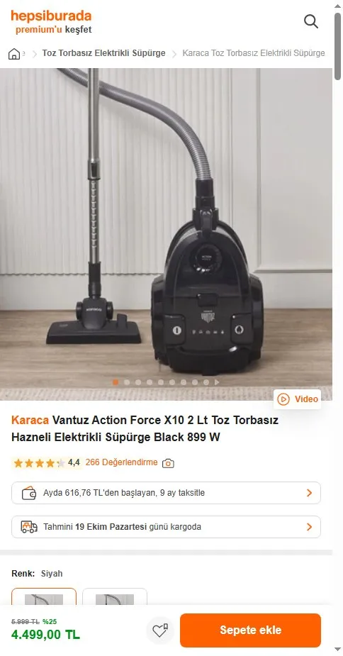 Karaca Vantuz Action Force X10 2 Lt Toz Torbasız Hazneli Elektrikli Süpürge Black 899 W