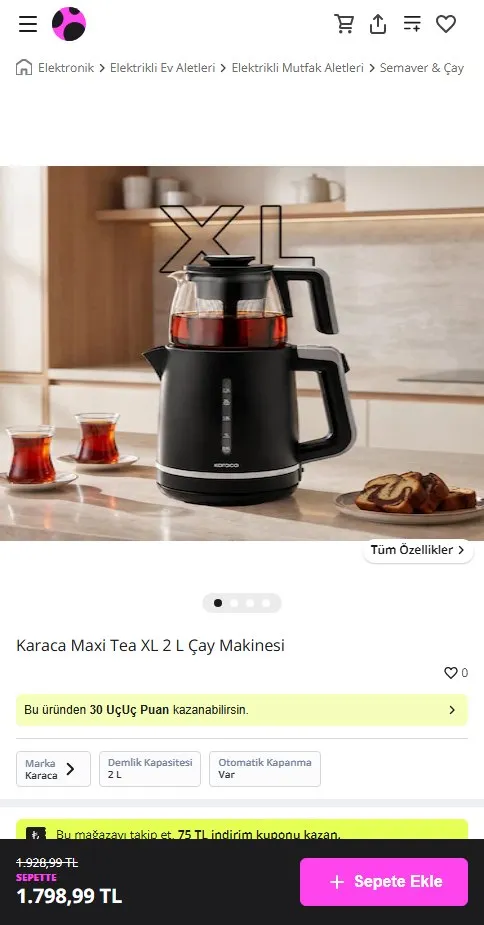 Karaca Maxi Tea XL 2 L Çay Makinesi