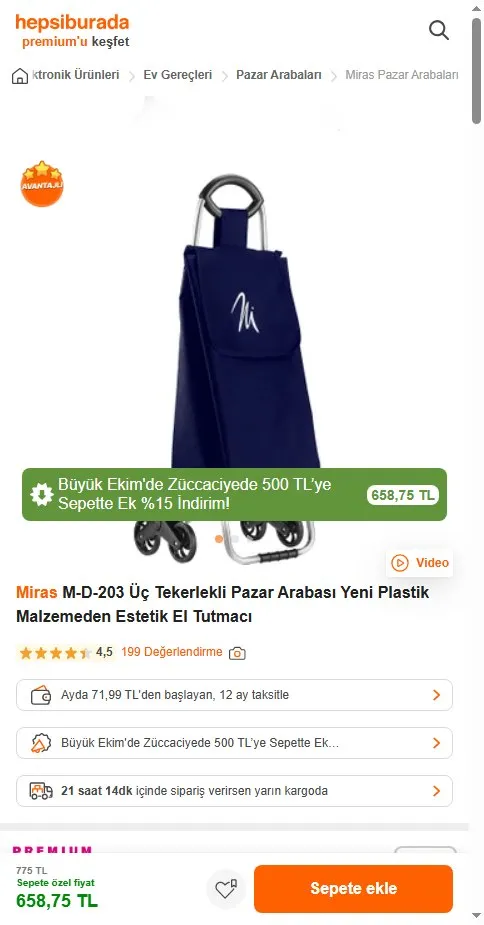 Miras M-D-203 Üç Tekerlekli Pazar Arabası Yeni Plastik Malzemeden Estetik El Tutmacı