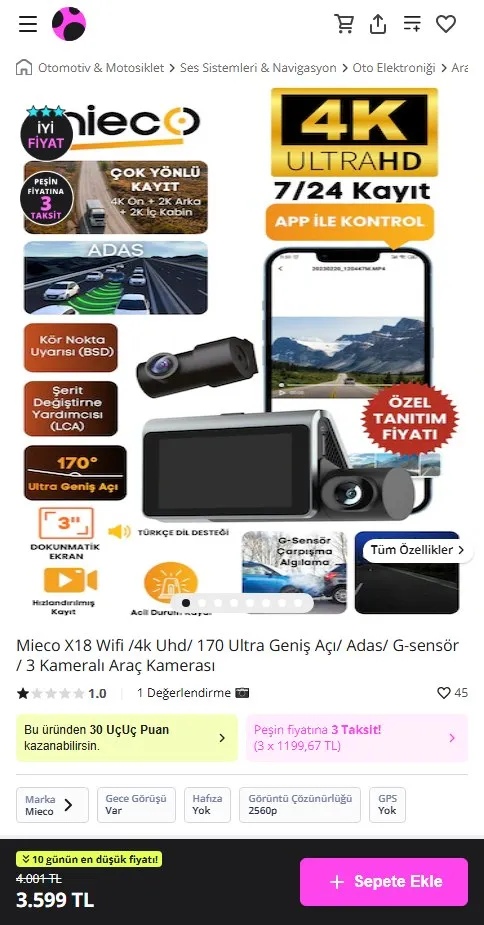 Mieco X18 Wifi /4k Uhd/ 170 Ultra Geniş Açı/ Adas/ G-sensör / 3 Kameralı Araç Kamerası