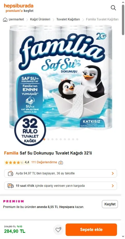 Familia Saf Su Dokunuşu Tuvalet Kağıdı 32'li
