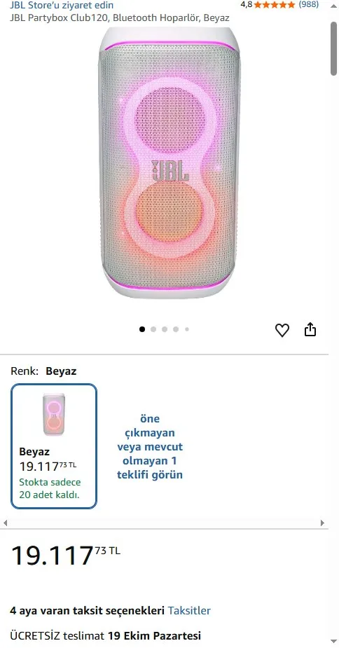 JBL Partybox Club120, Bluetooth Hoparlör, Beyaz