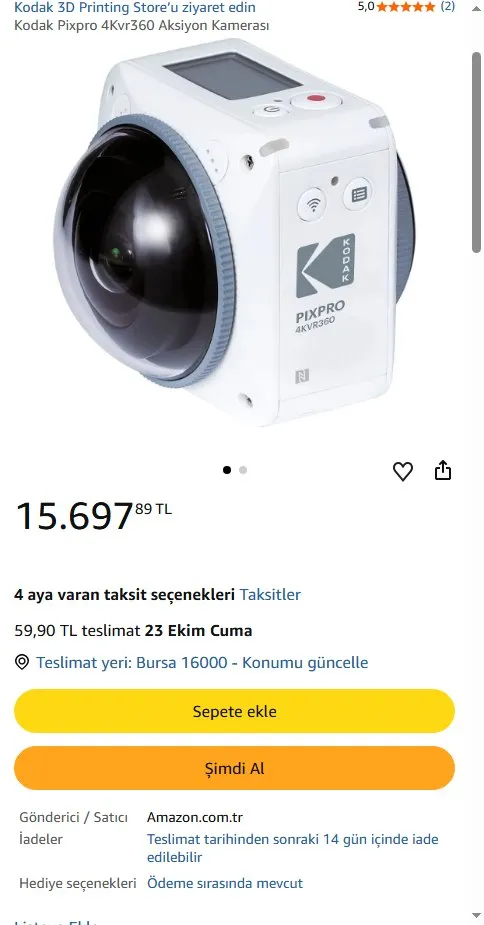 Kodak Pixpro 4Kvr360 Aksiyon Kamerası