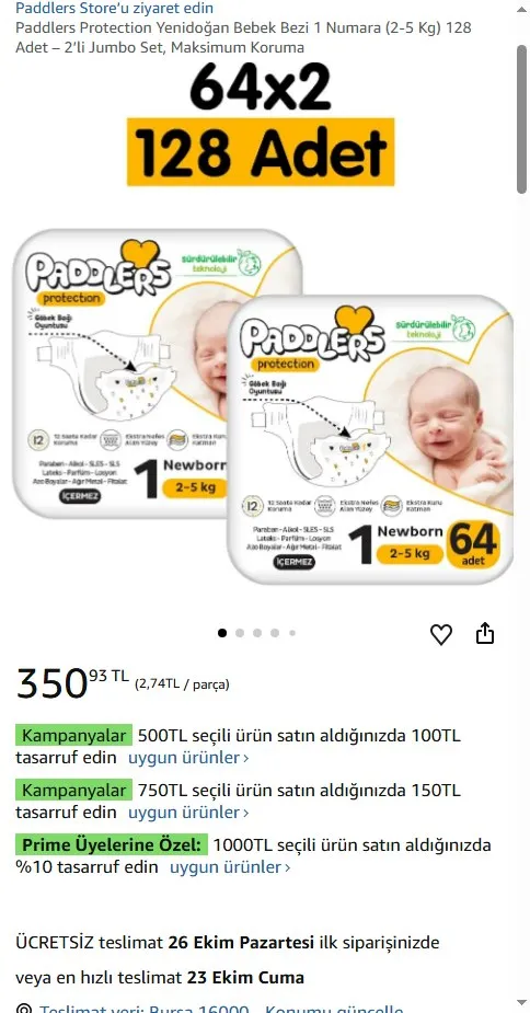 Paddlers Protection Yenidoğan Bebek Bezi 1 Numara (2-5 Kg) 128 Adet – 2’li Jumbo Set, Maksimum Koruma