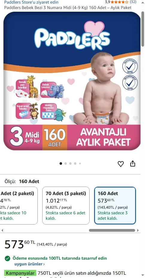 Paddlers Bebek Bezi 3 Numara Midi (4-9 Kg) 160 Adet – Aylık Paket