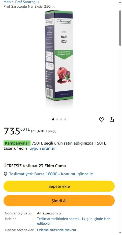 Prof Saracoglu Nar Ekşisi 250ml