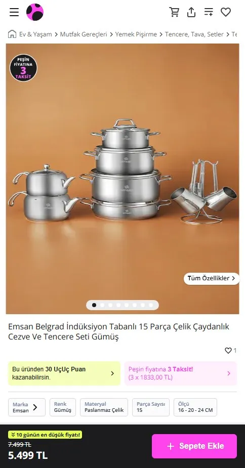 Emsan Belgrad İndüksiyon Tabanlı 15 Parça Çelik Çaydanlık Cezve Ve Tencere Seti Gümüş