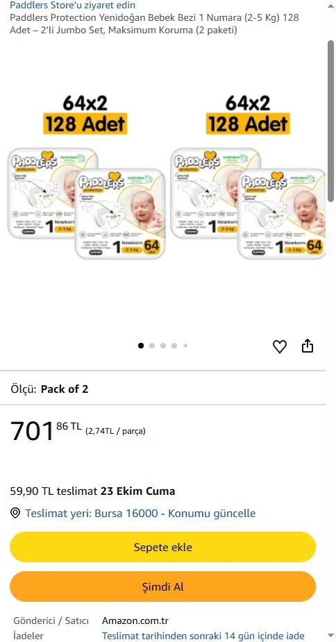 Paddlers Protection Yenidoğan Bebek Bezi 1 Numara (2-5 Kg) 128 Adet – 2’li Jumbo Set, Maksimum Koruma (2 paketi)