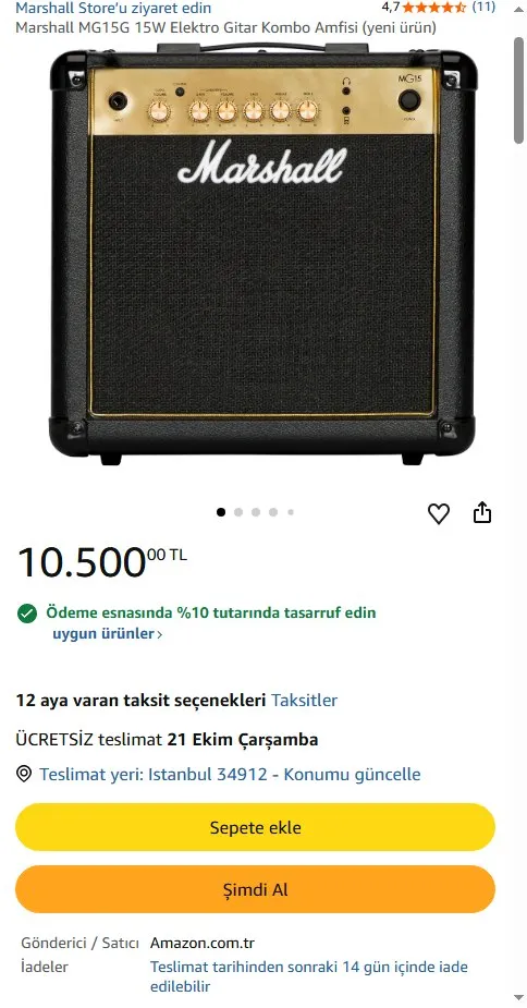 Marshall MG15G 15W Elektro Gitar Kombo Amfisi (yeni ürün)