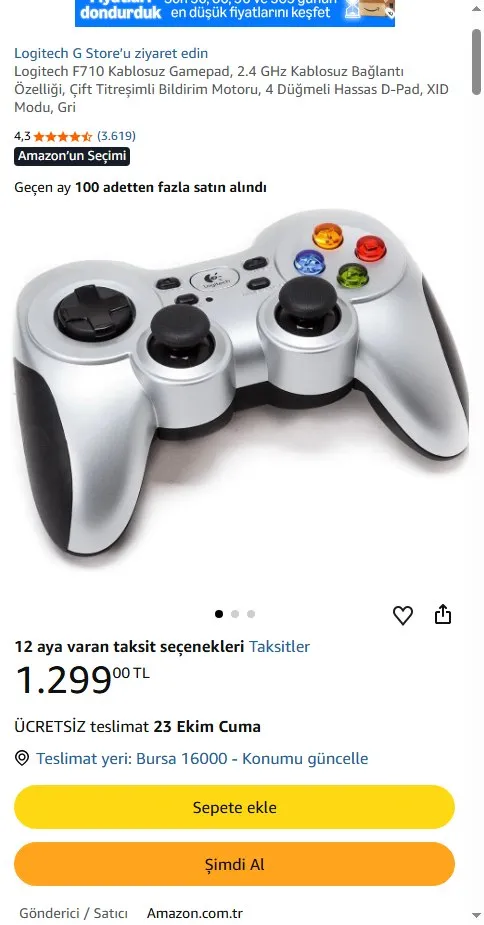Logitech F710 Kablosuz Gamepad, 2.4 GHz Kablosuz Bağlantı Özelliği, Çift Titreşimli Bildirim Motoru, 4 Düğmeli Hassas D-Pad, XID Modu, Gri