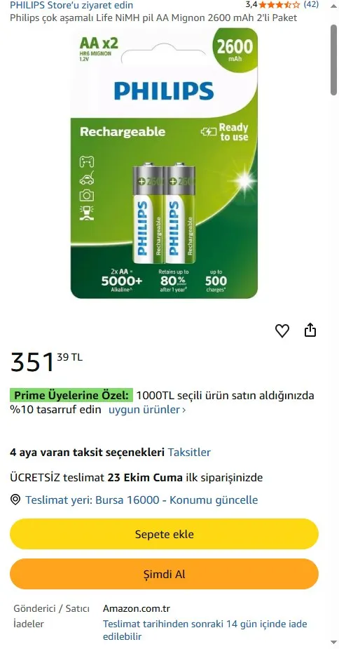 Philips çok aşamalı Life NiMH pil AA Mignon 2600 mAh 2'li Paket