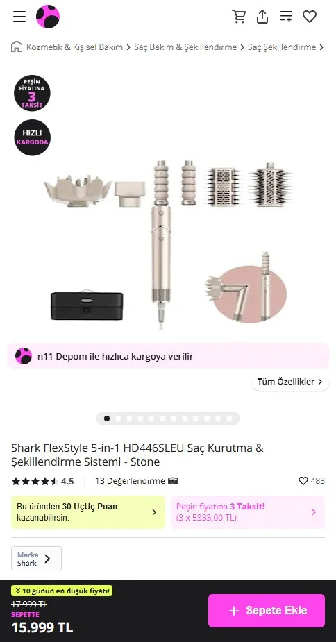 Shark FlexStyle 5-in-1 HD446SLEU Saç Kurutma & Şekillendirme Sistemi - Stone