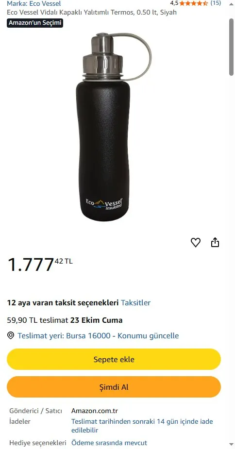 Eco Vessel Vidalı Kapaklı Yalıtımlı Termos, 0.50 lt, Siyah