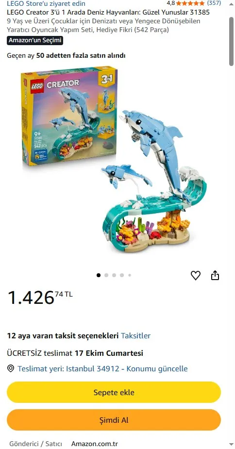LEGO Creator 3'ü 1 Arada Deniz Hayvanları: Güzel Yunuslar 31385
