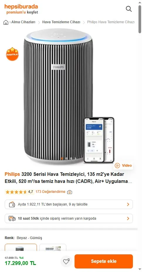 Philips 3200 Serisi Hava Temizleyici, 135 m2'ye Kadar Etkili, 520 m³/sa temiz hava hızı (CADR), Air+ Uygulaması ile Uzaktan Kontrol, AC3220/10