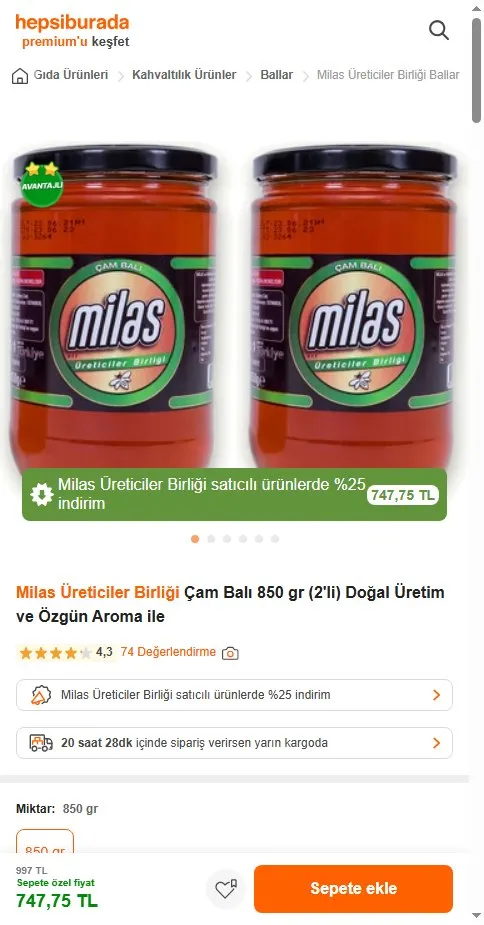 Milas Üreticiler Birliği Çam Balı 850 gr (2'li) Doğal Üretim ve Özgün Aroma ile