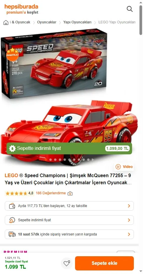 LEGO ® Speed Champions | Şimşek McQueen 77255 – 9 Yaş ve Üzeri Çocuklar için Çıkartmalar İçeren Oyuncak Yapım Seti (270 Parça)