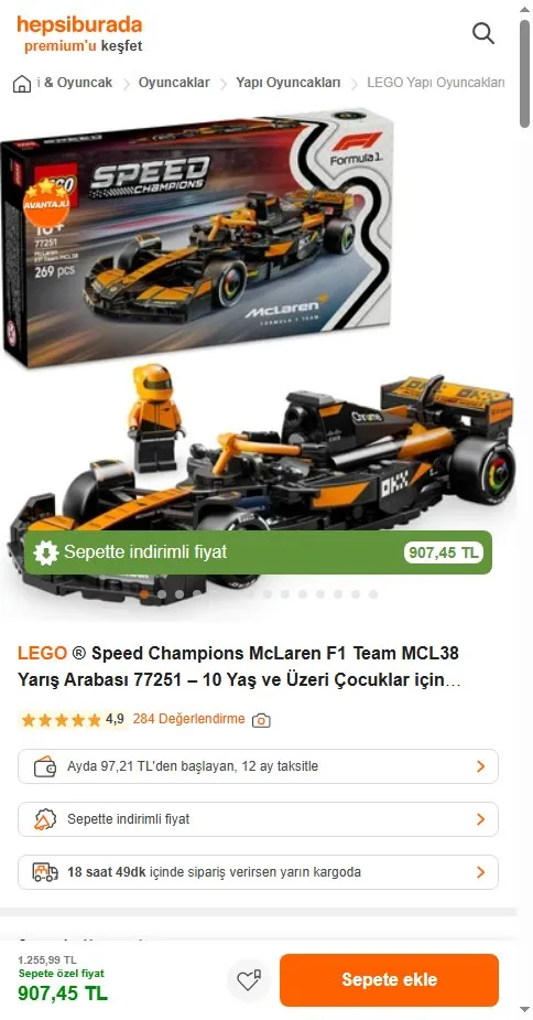 LEGO ® Speed Champions McLaren F1 Team MCL38 Yarış Arabası 77251 – 10 Yaş ve Üzeri Çocuklar için Yapım Seti (269 Parça)