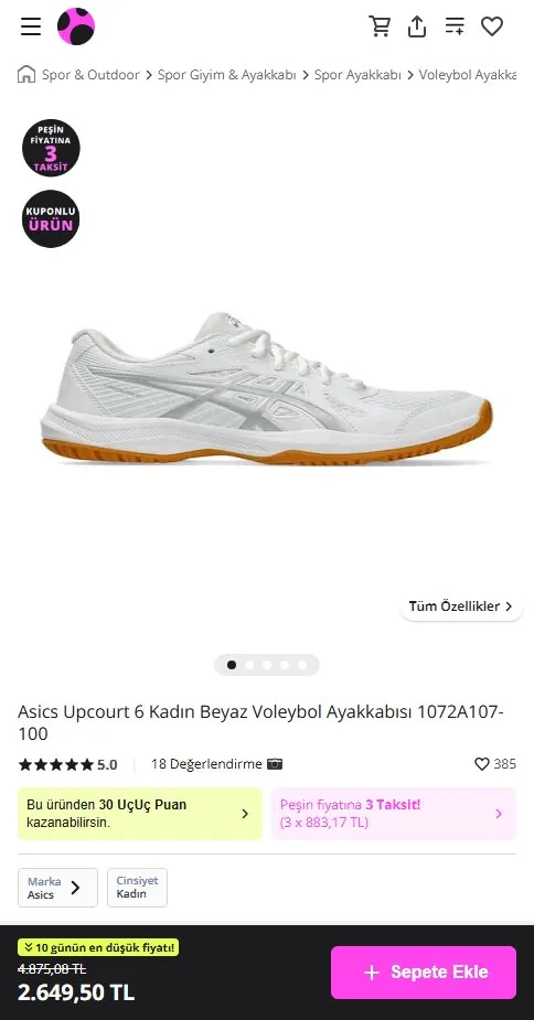 Asics Upcourt 6 Kadın Beyaz Voleybol Ayakkabısı 1072A107-100