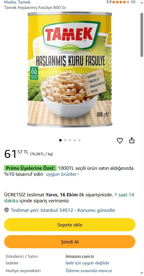 Tamek Haşlanmış Fasülye 800 Gr