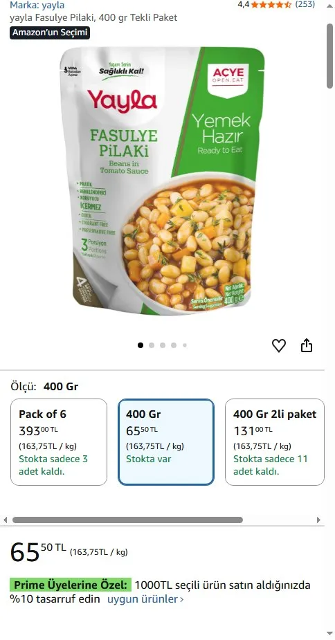 yayla Fasulye Pilaki, 400 gr Tekli Paket