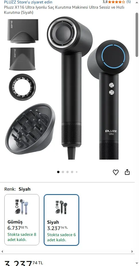 Pluzz X116 Ultra Iyonlu Saç Kurutma Makinesi Ultra Sessiz ve Hızlı Kurutma (Siyah)