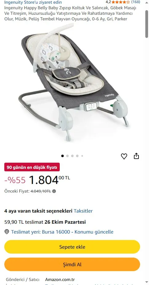 Ingenuity Happy Belly Baby Zıpzıp Koltuk Ve Salıncak, Göbek Masajı Ve Titreşim, Huzursuzluğu Yatıştırmaya Ve Rahatlatmaya Yardımcı Olur, Müzik, Pelüş Tembel Hayvan Oyuncağı, 0-6 Ay, Gri, Parker