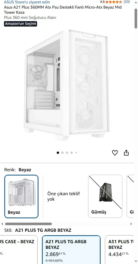 Asus A21 Plus 360MM Atx Psu Destekli Fanlı Micro-Atx Beyaz Mid Tower Kasa