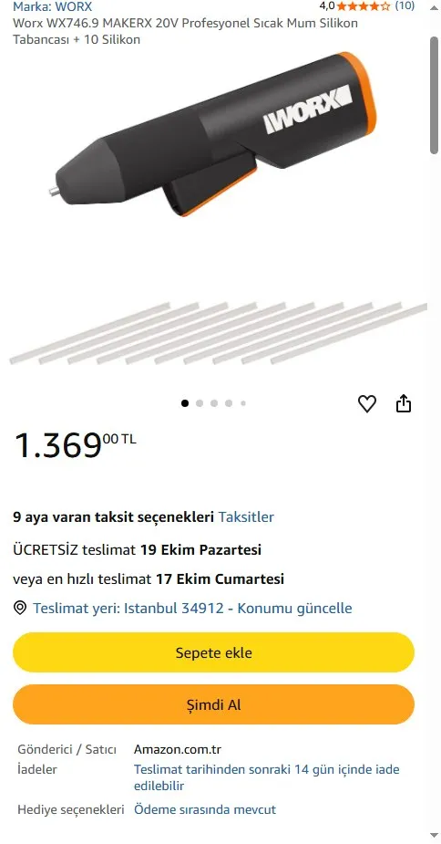 Worx WX746.9 MAKERX 20V Profesyonel Sıcak Mum Silikon Tabancası + 10 Silikon