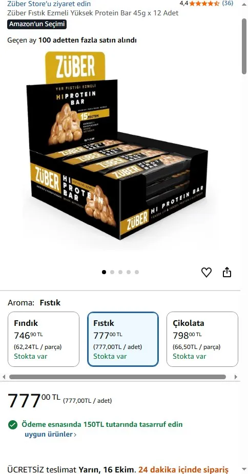 Züber Fıstık Ezmeli Yüksek Protein Bar 45g x 12 Adet