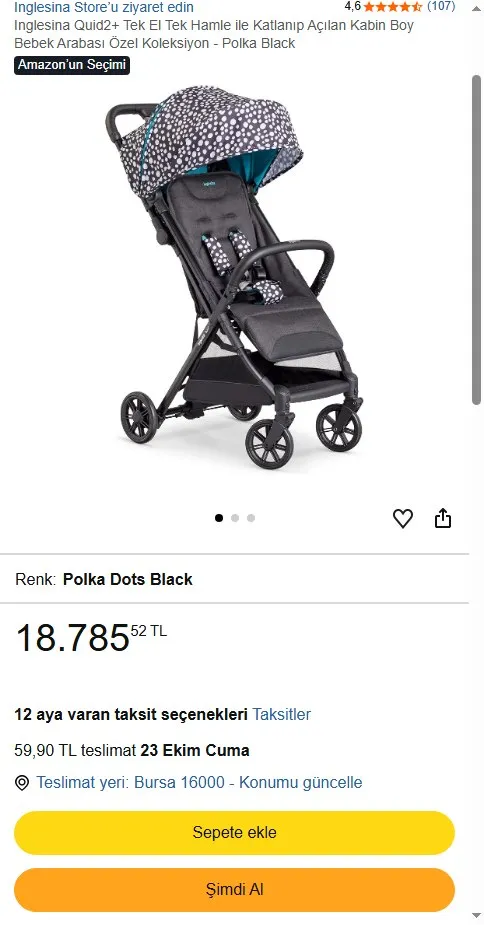 Inglesina Quid2+ Tek El Tek Hamle ile Katlanıp Açılan Kabin Boy Bebek Arabası Özel Koleksiyon - Polka Black
