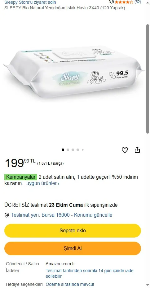 SLEEPY Bio Natural Yenidoğan Islak Havlu 3X40 (120 Yaprak)