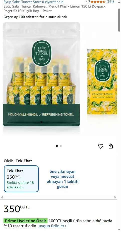 Eyüp Sabri Tuncer Kolonyalı Mendil Klasik Limon 150 Li Doypack Poşet 5X10 Küçük Boy 1 Paket