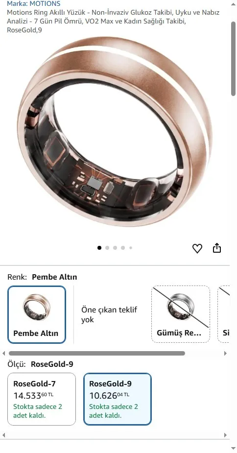 Motions Ring Akıllı Yüzük - Non-İnvaziv Glukoz Takibi, Uyku ve Nabız Analizi - 7 Gün Pil Ömrü, VO2 Max ve Kadın Sağlığı Takibi, RoseGold,9