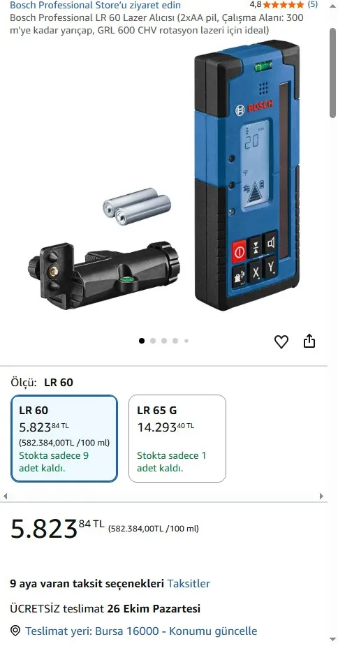 Bosch Professional LR 60 Lazer Alıcısı (2xAA pil, Çalışma Alanı: 300 m'ye kadar yarıçap, GRL 600 CHV rotasyon lazeri için ideal)