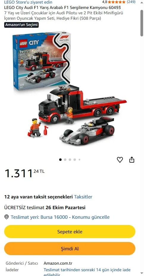 LEGO City Audi F1 Yarış Arabalı F1 Sergileme Kamyonu 60493