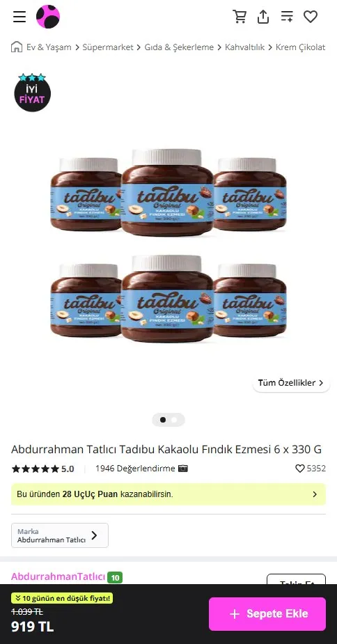 Abdurrahman Tatlıcı Tadıbu Kakaolu Fındık Ezmesi 6 x 330 G