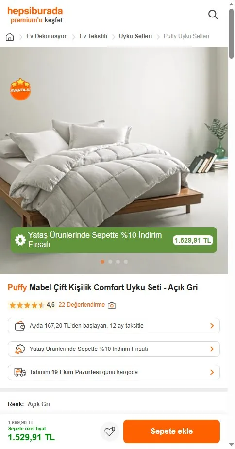 Puffy Mabel Çift Kişilik Comfort Uyku Seti - Açık Gri