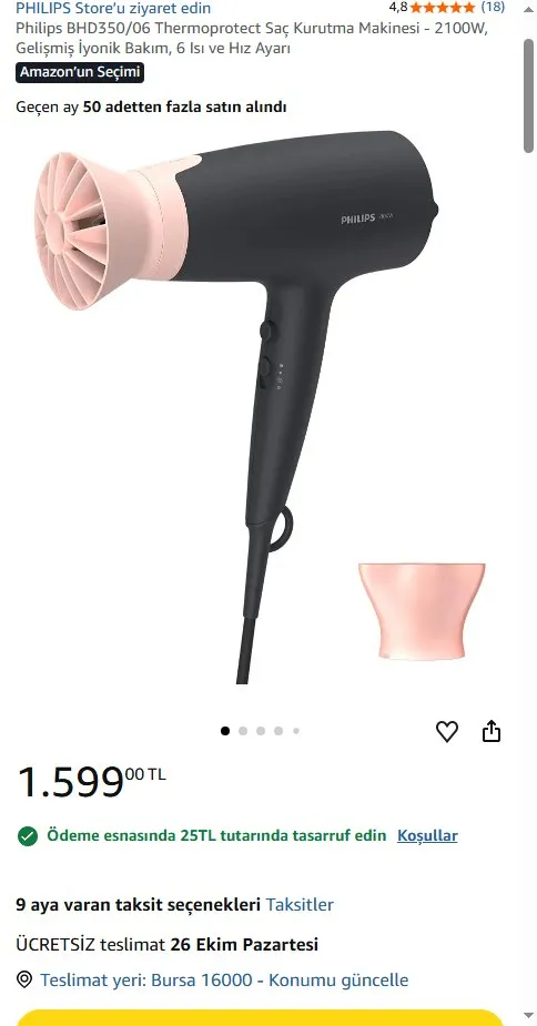Philips BHD350/06 Thermoprotect Saç Kurutma Makinesi - 2100W, Gelişmiş İyonik Bakım, 6 Isı ve Hız Ayarı