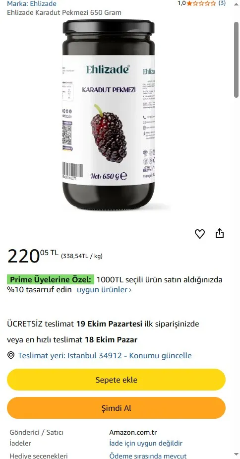Ehlizade Karadut Pekmezi 650 Gram
