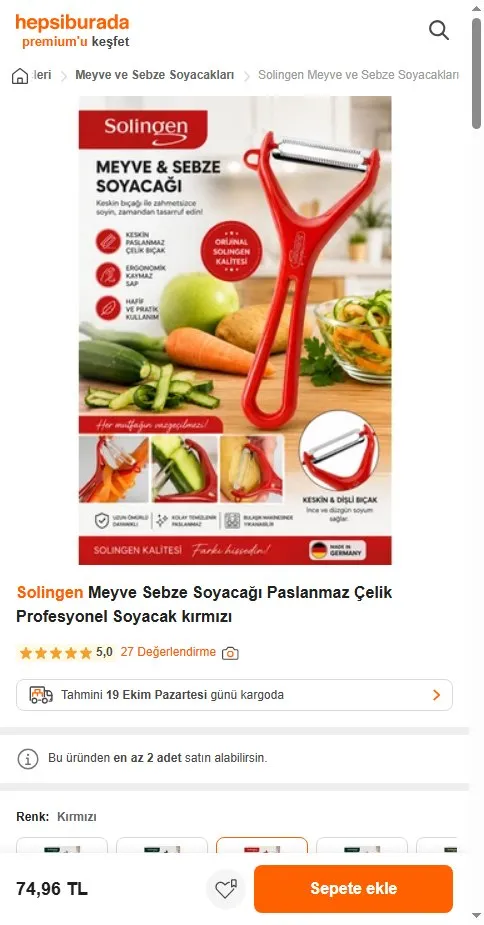 Solingen Meyve Sebze Soyacağı Paslanmaz Çelik Profesyonel Soyacak kırmızı