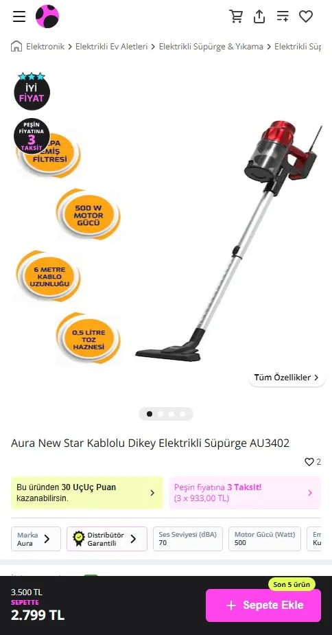 Aura New Star Kablolu Dikey Elektrikli Süpürge AU3402