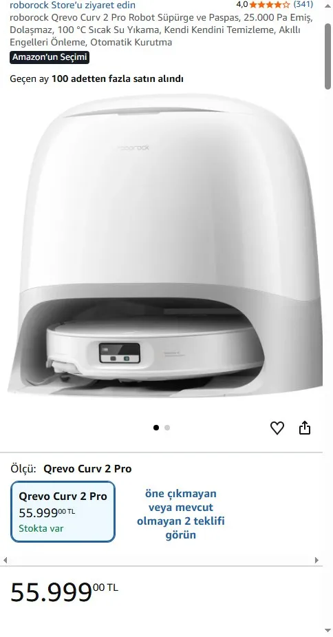 roborock Qrevo Curv 2 Pro Robot Süpürge ve Paspas, 25.000 Pa Emiş, Dolaşmaz, 100 °C Sıcak Su Yıkama, Kendi Kendini Temizleme, Akıllı Engelleri Önleme, Otomatik Kurutma
